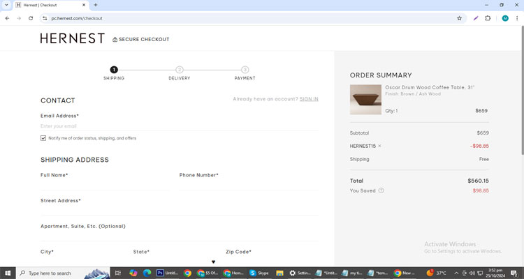 A screenshot of Hernest  Company checkout page of working coupon code 