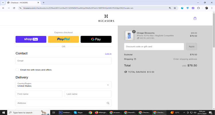 A screenshot of Hicasers checkout page of working coupon code