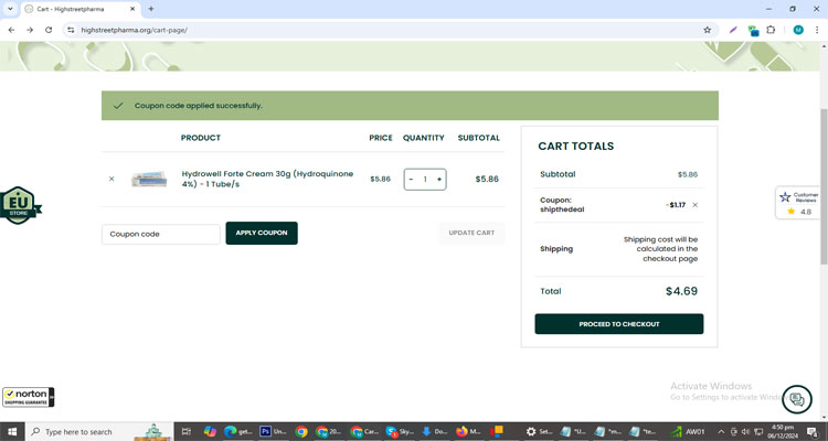 A screenshot of High Street Pharma checkout page of working coupon code 