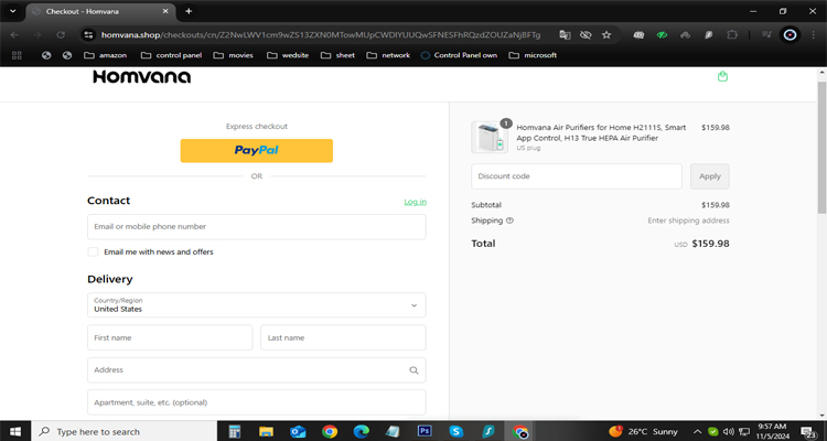 A screenshot of the homvana checkout page with a working discount code