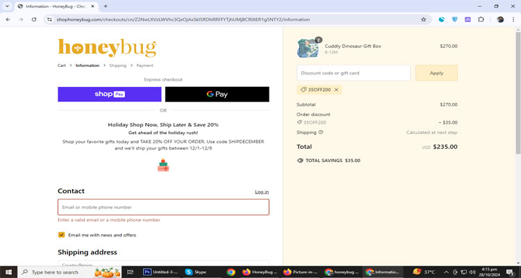 A screenshot of Honeybug checkout page of working coupon code