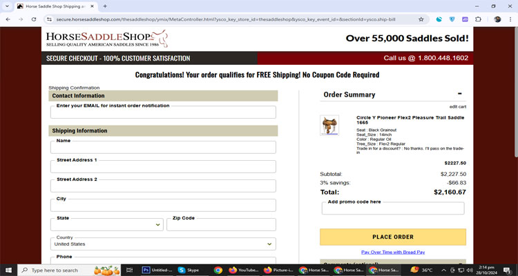 A screenshot of Horse Saddle Shop checkout page of working coupon code 