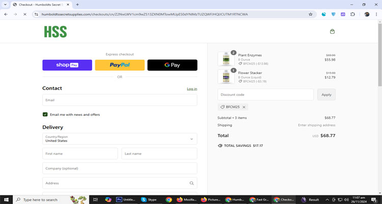 A screenshot of humboldt ssecret supplies checkout page of working coupon code 