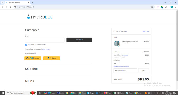 A screenshot of Hydroblu checkout page of working coupon code 