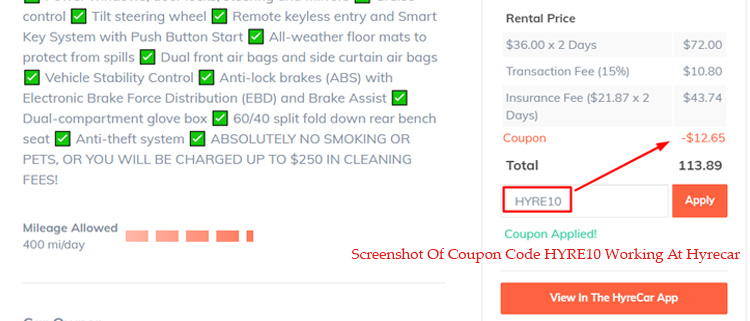 A screenshot of hyrecar checkout page showing a working coupon code 