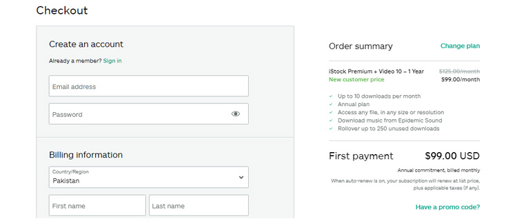 A screenshot of iStock checkout page showing a working coupon code