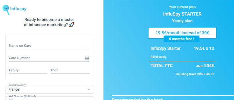 A screenshot of influspy's checkout page showing a working coupon code