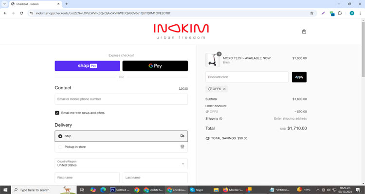 A screenshot of INOKIM checkout page of working coupon code 