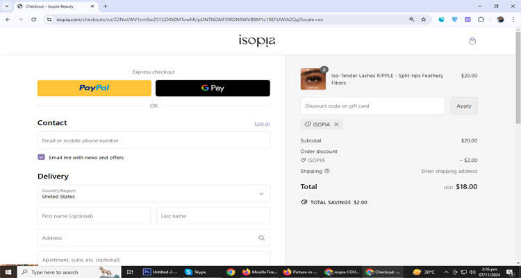 A screenshot of Isopia checkout page of working coupon code 