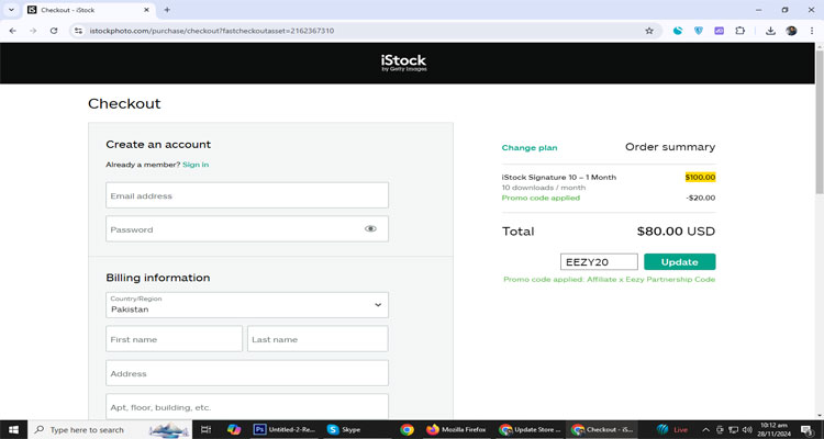 A screenshot of istock checkout page of working coupon code 