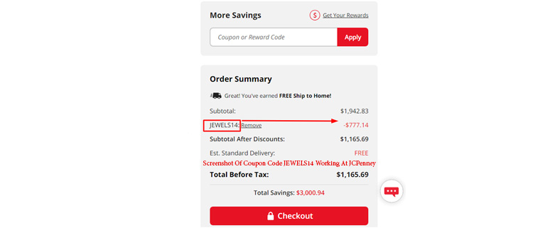 A screenshot of jcpenney checkout page showing a working coupon code