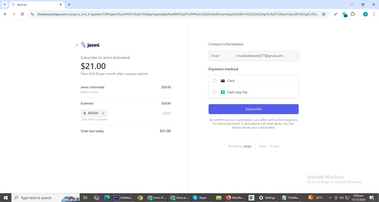 A screenshot of Jenni Ai checkout page of working coupon code 