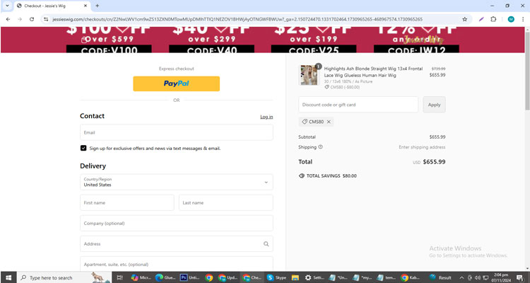 A screenshot of Jessie's Wig checkout page of working coupon code 