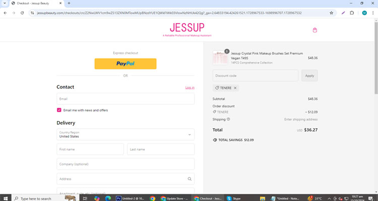 A screenshot of Jessup checkout page of working coupon code 