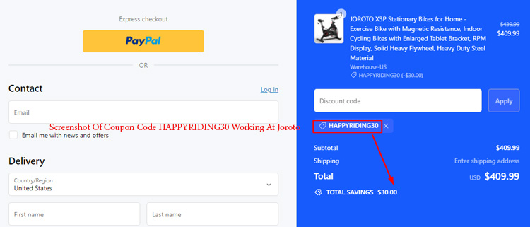 A screenshot of joroto checkout page showing a working coupon code 