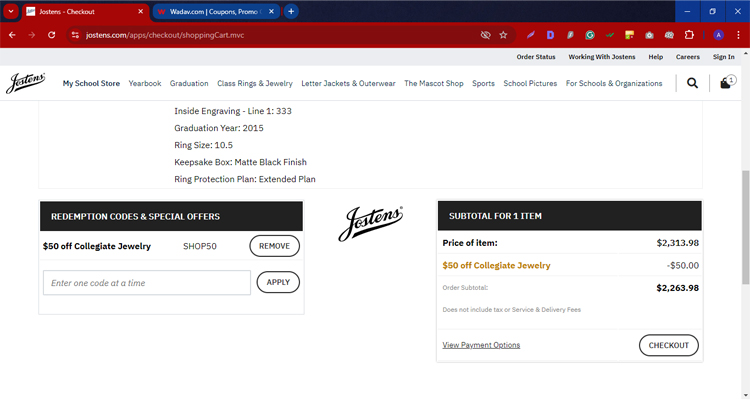 A screenshot of jostens checkout page of working coupon code 