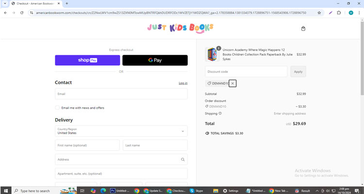 A screenshot of Just Kids Books checkout page of working coupon code