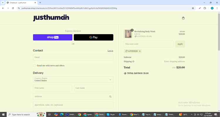  A screenshot of Justhuman checkout page of working coupon code 