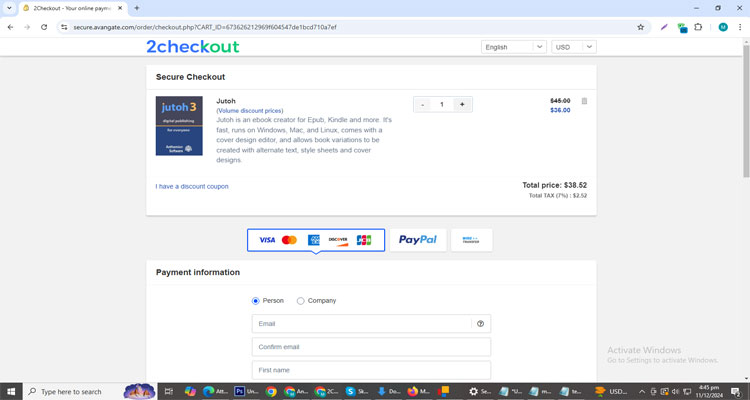 A screenshot of Jutoh checkout page of working coupon code 