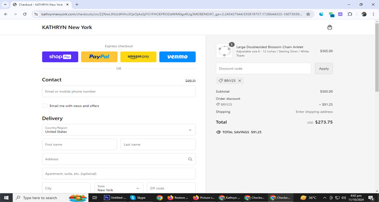 A screenshot of Kathryn New York checkout page of working coupon code 