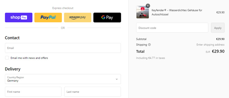 A screenshot of keyfender de checkout page showing a working coupon code 