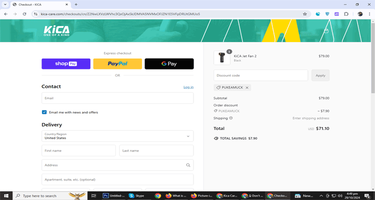 A screenshot of Kica Care checkout page of working coupon code 
