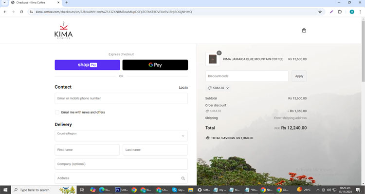 A screenshot of Kima Coffee checkout page of working coupon code 