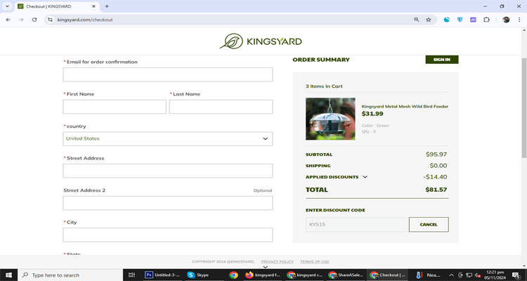 A screenshot of Kingsyard checkout page of working coupon code 