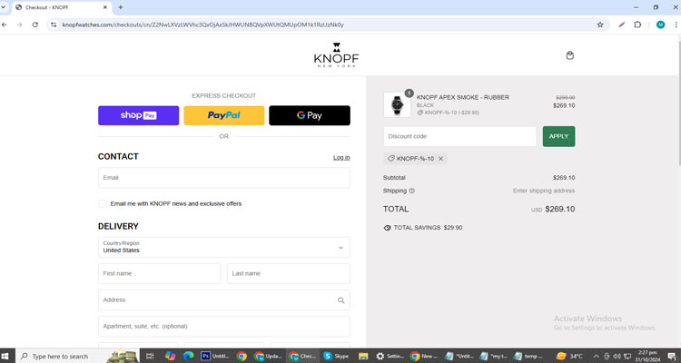 A screenshot of Knopf Watches checkout page of working coupon code 