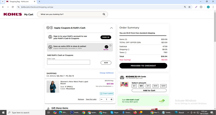 A screenshot of Kohl's checkout page of working coupon code 