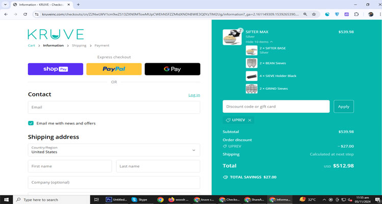 A screenshot of kruve checkout page of working coupon code 