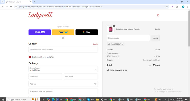  A screenshot of Ladywell checkout page of working coupon code 