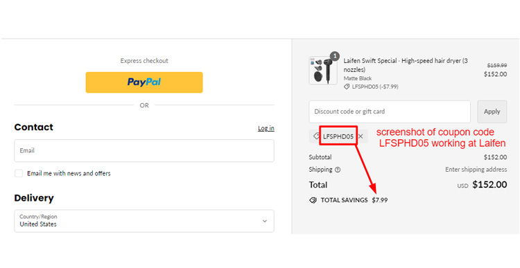 A screenshot of Laifen checkout page with a working coupon code