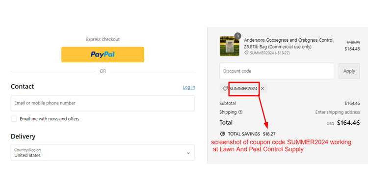 A screenshot of Lawn And Pest Control Supply checkout page with a working coupon code