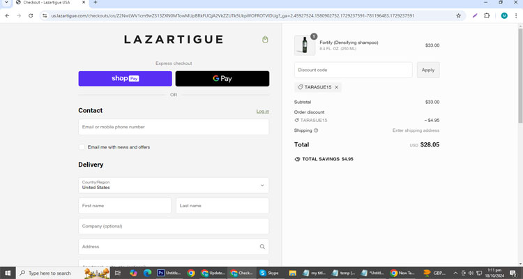 A screenshot of Lazartigue Us checkout page of working coupon code 