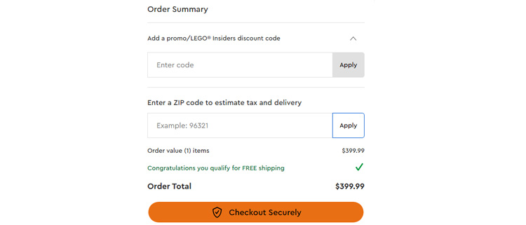 A screenshot of lego checkout page showing a working coupon code