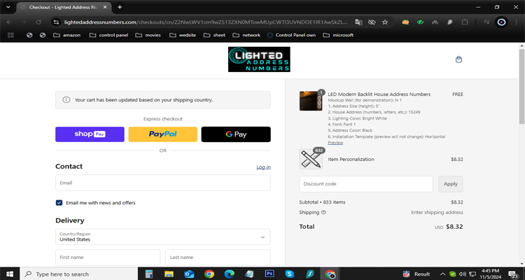 A screenshot of the Lighted Address Numbers checkout page with a working discount code