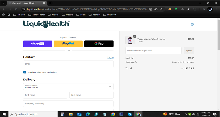 A screenshot of the Liquid Health, Inc. checkout page with a working discount code