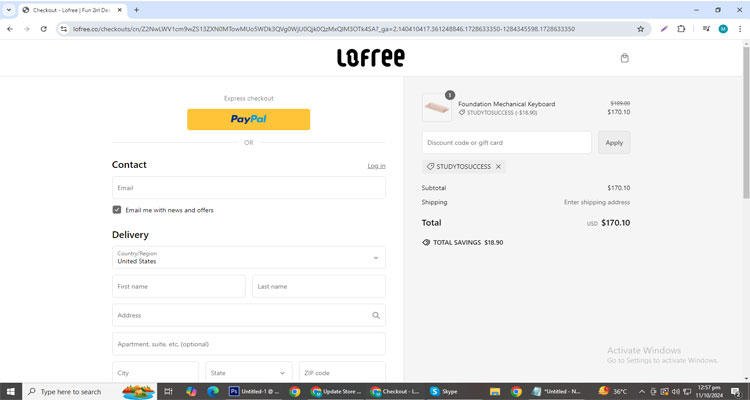 A screenshot of Lofree checkout page of working coupon code 