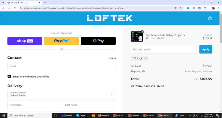 A screenshot of LOFTEK checkout page of working coupon code 