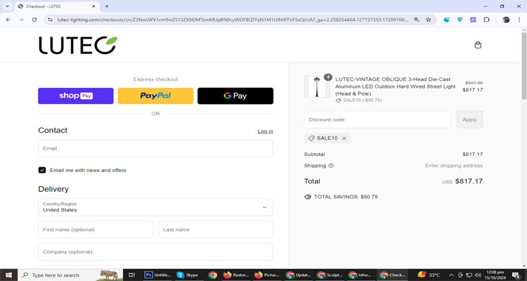 A screenshot of lutec checkout page of working coupon code 