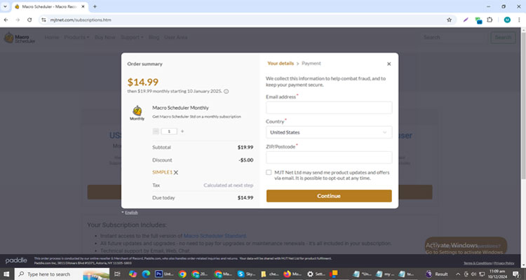 A screenshot of Macro Scheduler checkout page of working coupon code 