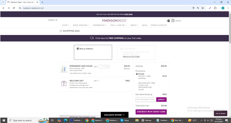 A screenshot of Madison Reed checkout page of working coupon code