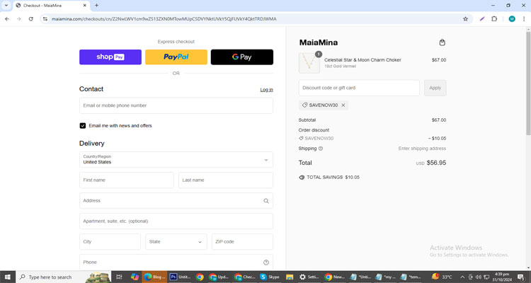 A screenshot of Maiamina checkout page of working coupon code 