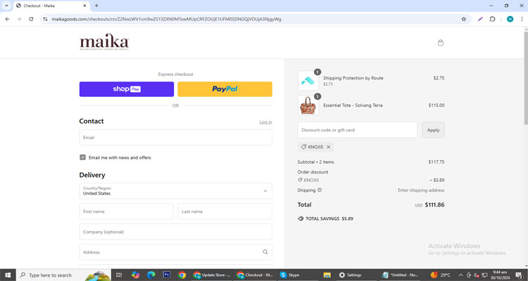  A screenshot of Maika checkout page of working coupon code 