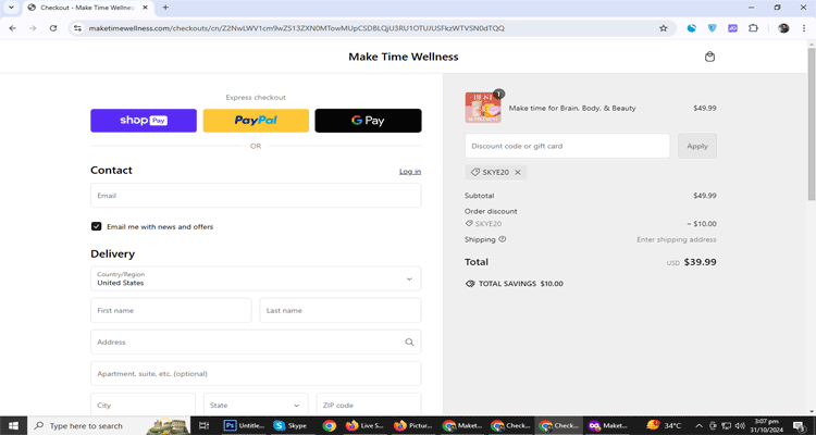 A screenshot of Maketime Wellness checkout page of working coupon code 