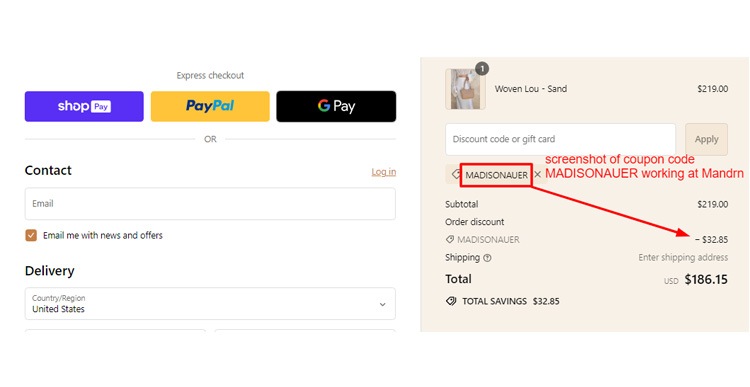  A screenshot of Mandrn checkout page with a working coupon code