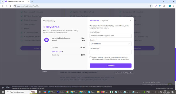 A screenshot of MarketingBlocks checkout page of working coupon code