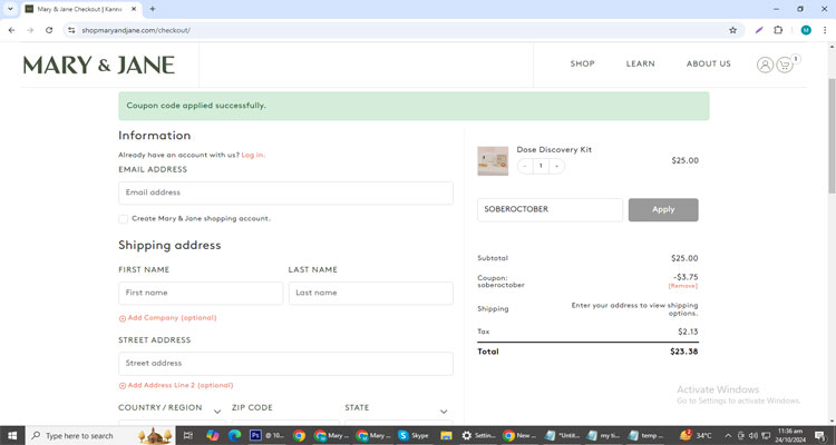 A screenshot of Mary & Jane checkout page of working coupon code 