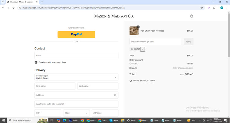 A screenshot of Mason & Madison co checkout page of working coupon code 